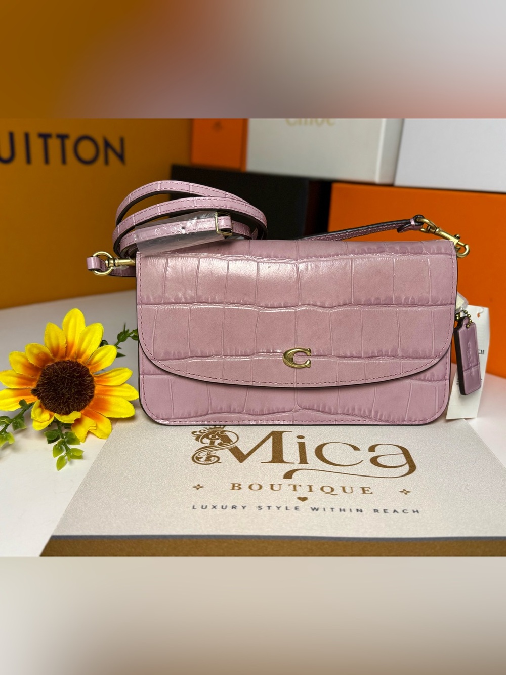 🆕COACH Croc-Embossed Leather Shoulder Bag in Blush Pink $295